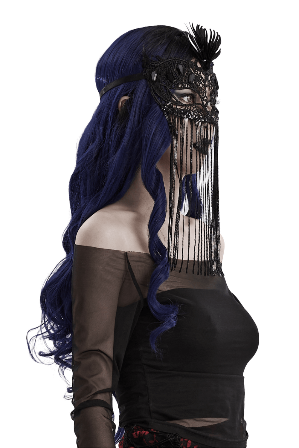Gothic lace eye mask with sequin tassels, showcasing intricate design and 3D pteris on a model with long blue hair.