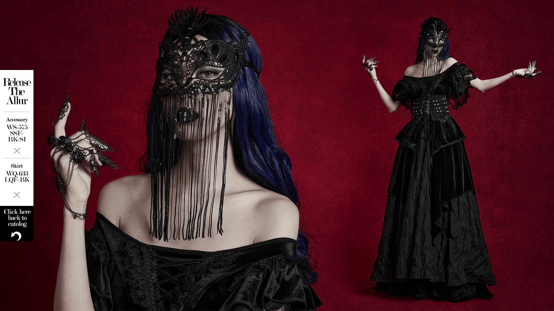 Gothic lace eye mask with sequin tassels, paired with a dramatic black gown and long blue hair against a red background.