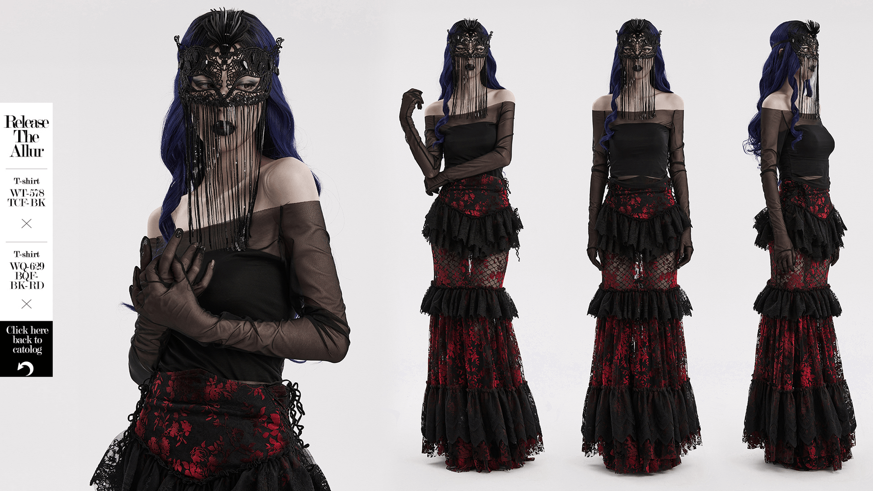 Gothic lace eye mask model showcasing vibrant sequin tassels and layered black and red skirt for a captivating look.