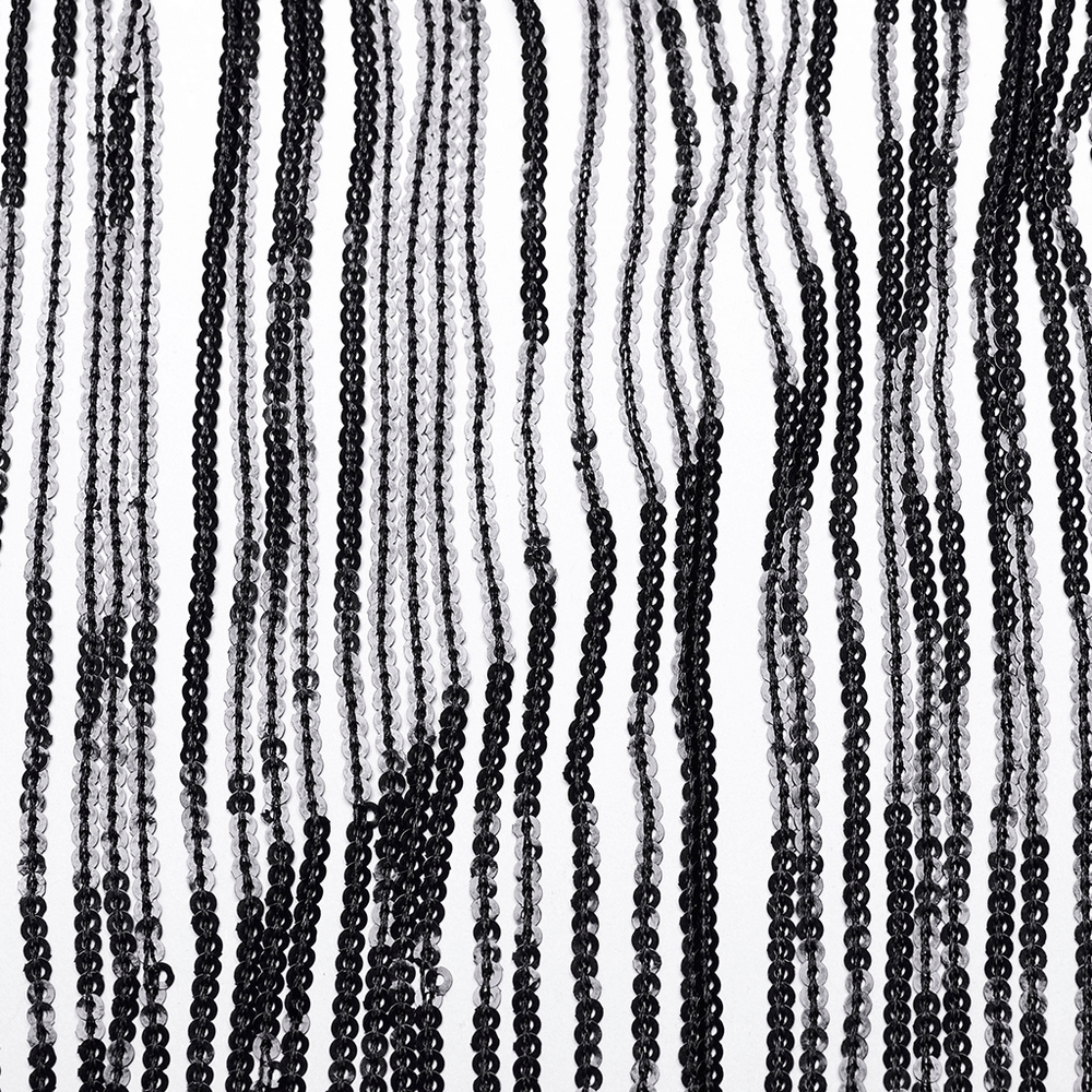 Elegant strands of black and clear beads creating a shimmering and stylish fringe effect for decorations.