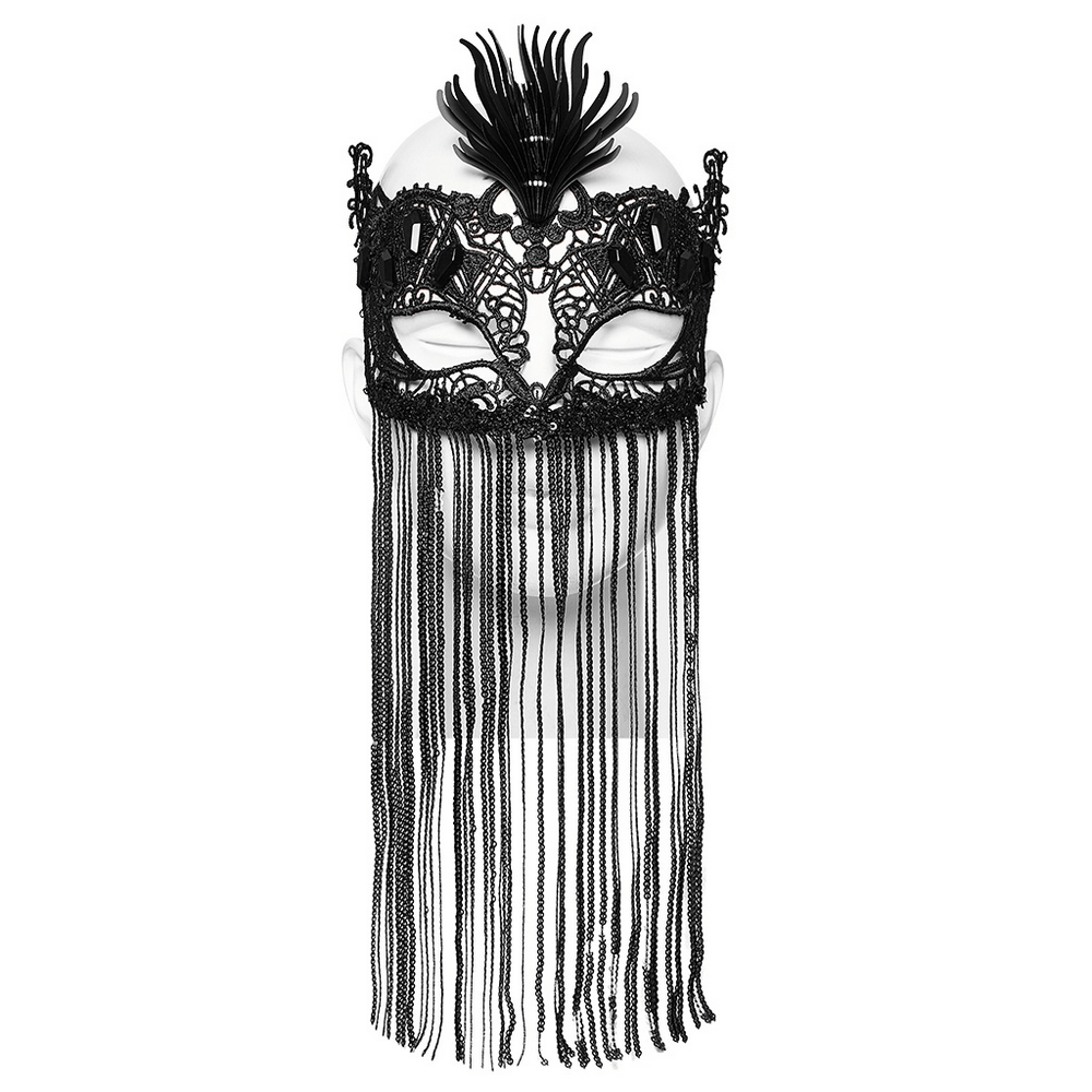 Enchanting black lace eye mask with sequins and fringe for a gothic, mysterious vibe.