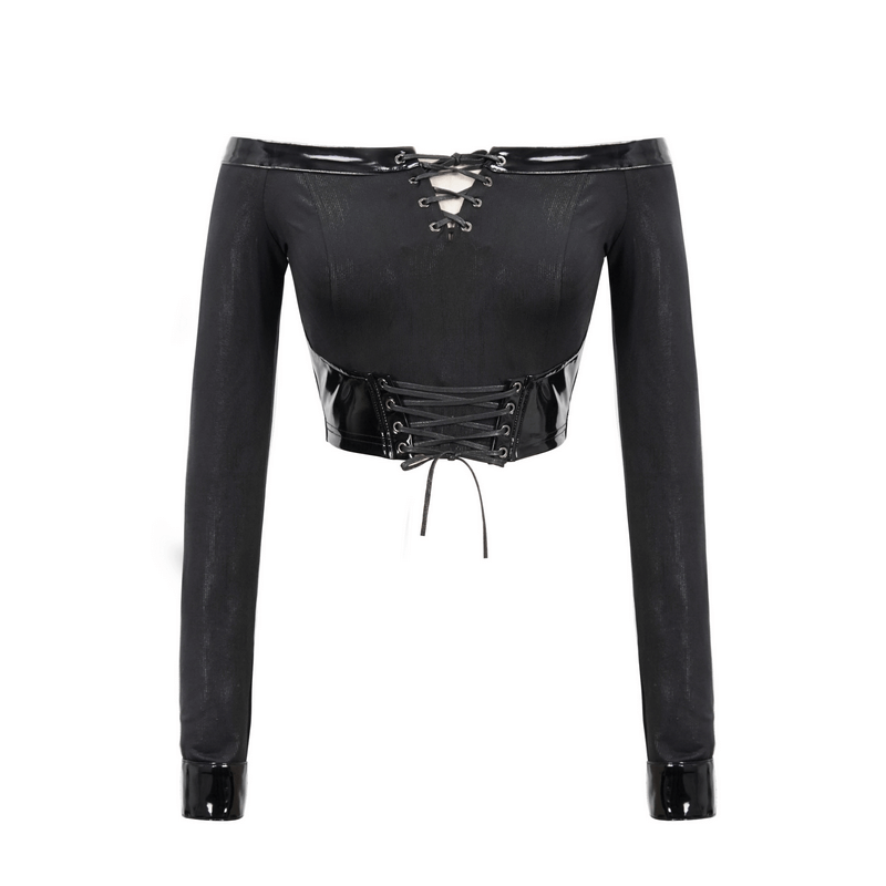 Enchanting black off-shoulder crop top with long sleeves and drawstring details in gothic punk style.