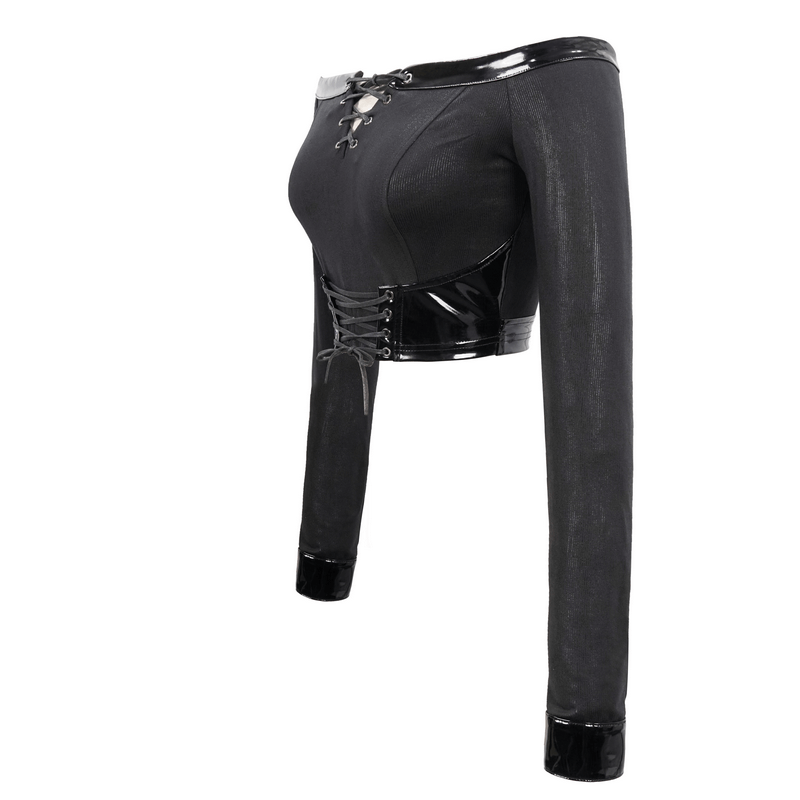 Women's black off-shoulder crop top with long sleeves and gothic-inspired lace-up details.