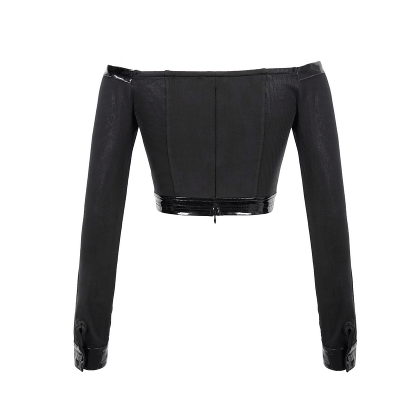 Enchanting off-shoulder black gothic crop top with long sleeves, featuring a form-fitting design and stylish drawstrings.