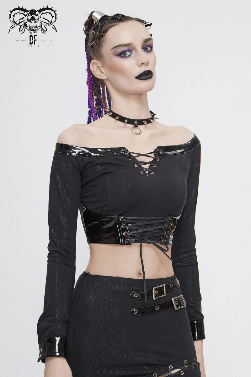 Enchanting off-shoulder black crop top with long sleeves, lace-up detail, perfect for gothic fashion enthusiasts.