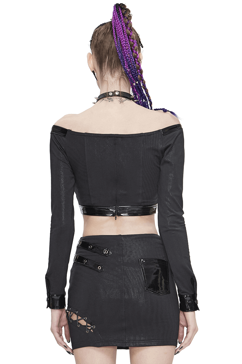 Stylish back view of a women's black off-shoulder crop top, paired with a gothic punk skirt, showcasing a trendy look.