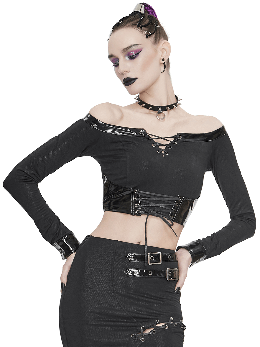 Enchanting Off-Shoulder Crop Top / Gothic Punk Long Sleeve Crop Top With Lace-Up Bottom - HARD'N'HEAVY