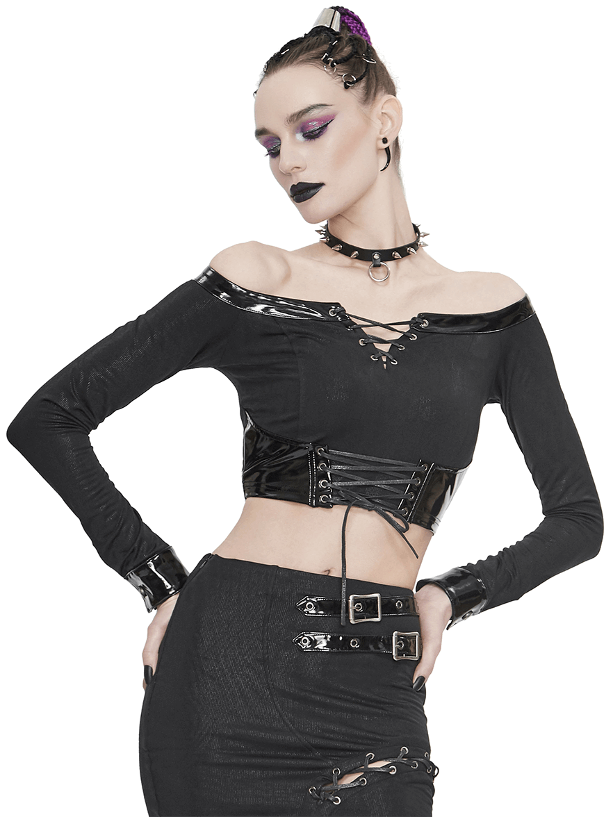 Enchanting off-shoulder black crop top with Gothic punk style, featuring lace-up details and long sleeves for a stunning look.