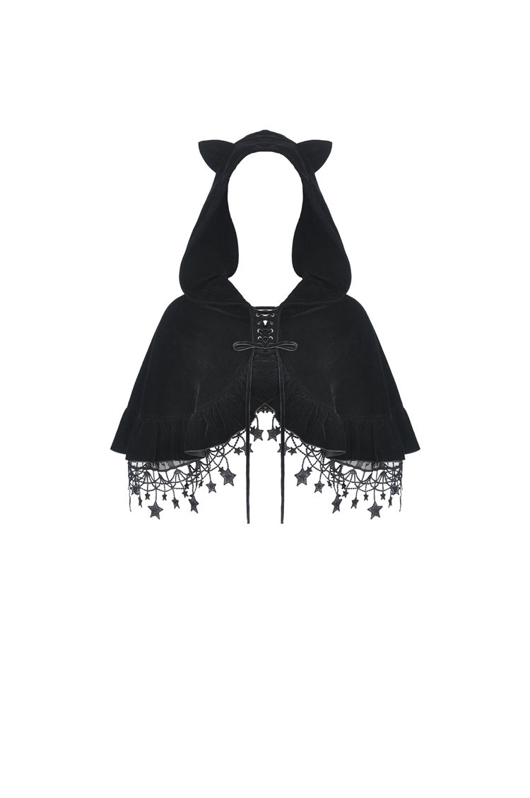 Enchanting black velvet cat ear cape with star tassels, perfect for gothic elegance and playful costume parties.