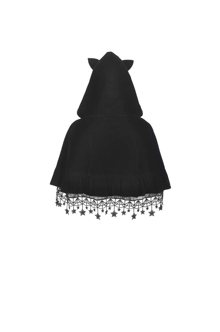 Back view of an enchanting black velvet cat ear cape with star tassels and a dramatic hood.
