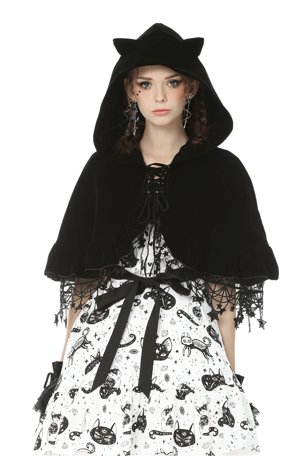 Enchanting black velvet cat ear cape with lace details, perfect for gothic elegance and magical style.