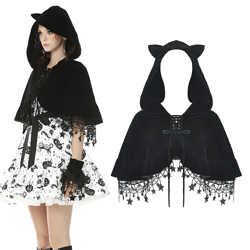 Enchanting black velvet cat ear cape with star tassels, perfect for gothic style and costume parties.