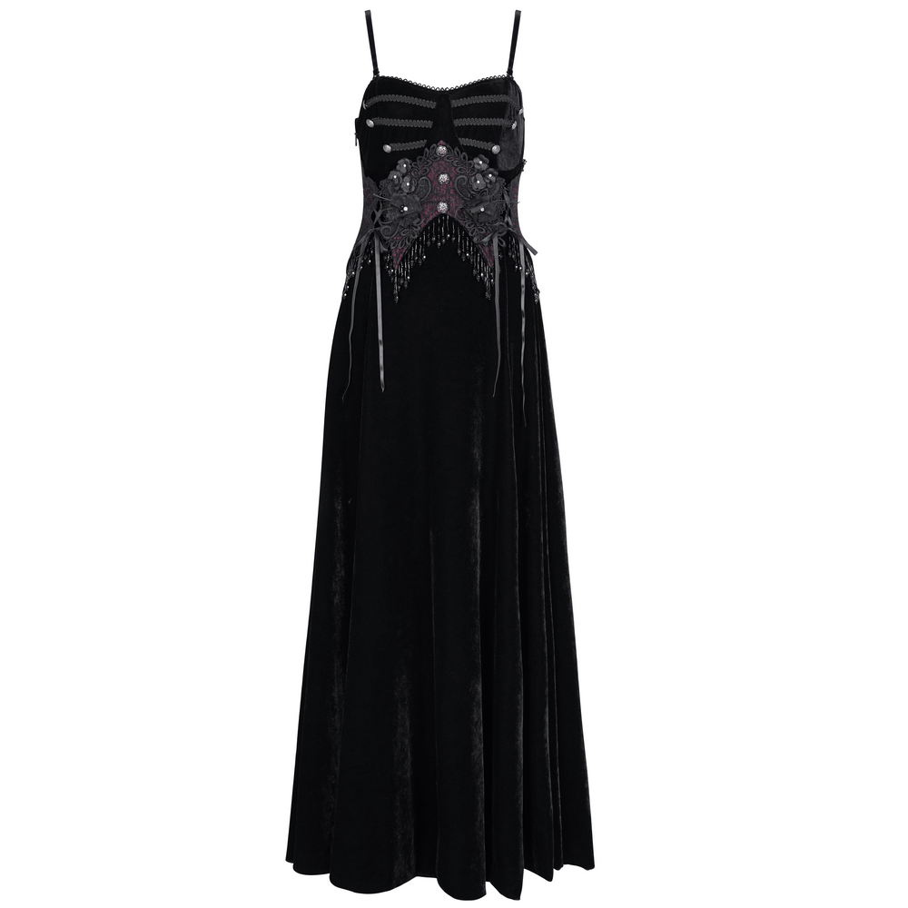 Enchanting black velvet maxi dress with beaded lace appliques and flowing A-line skirt, perfect for gothic style.