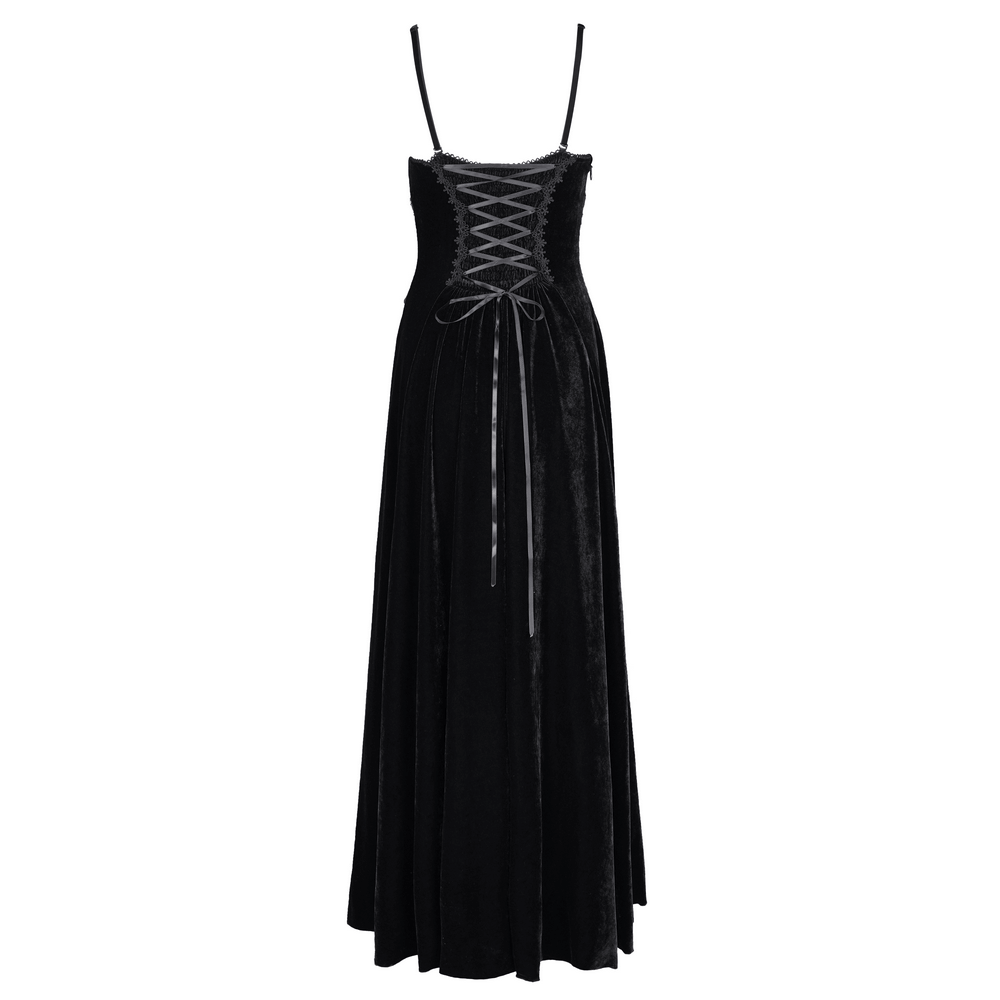 Enchanting black velvet maxi dress with beaded lace appliques and adjustable spaghetti straps, perfect for gothic fashion.