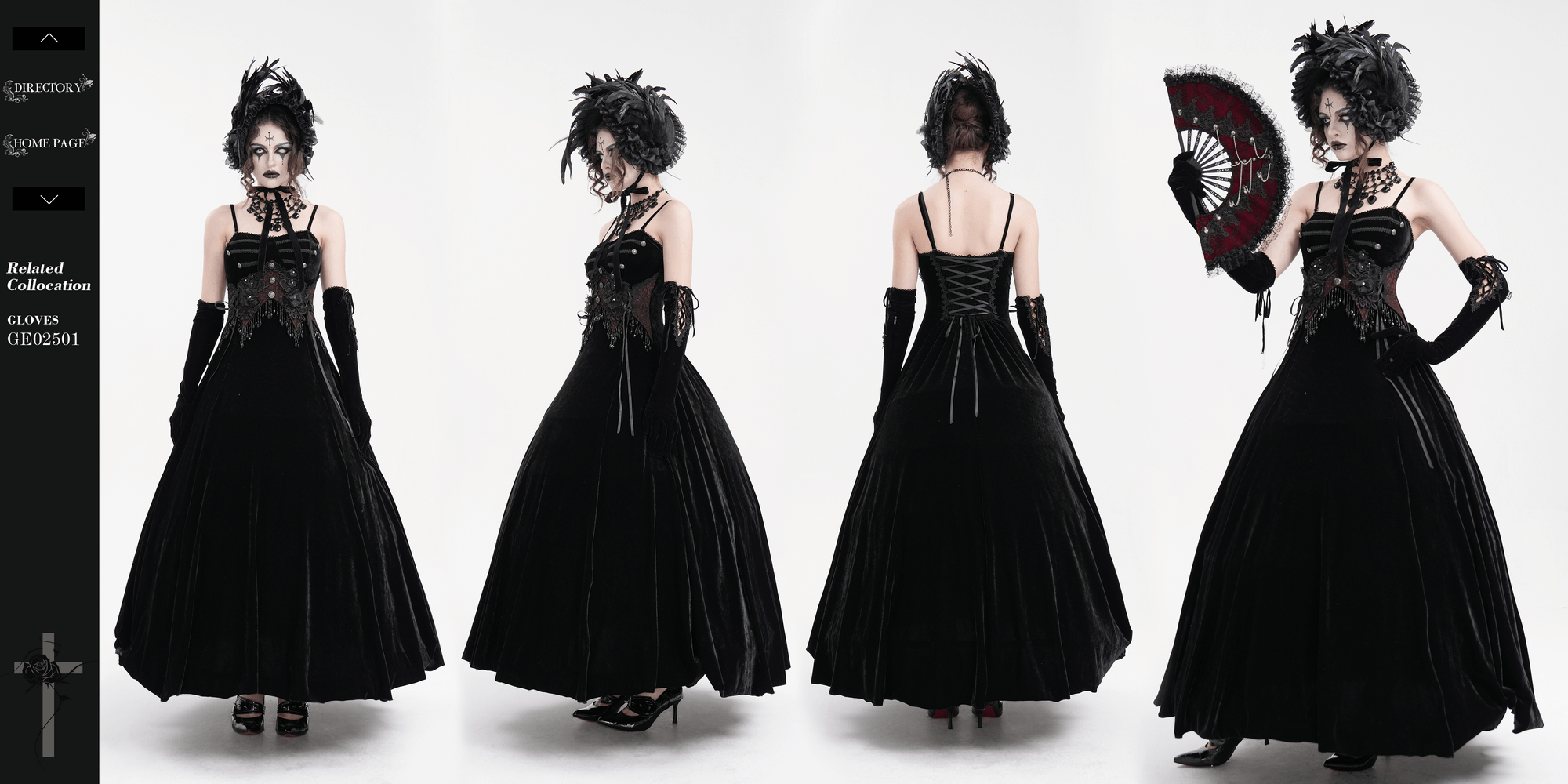 Enchanting black velvet maxi dress with beaded lace appliques, gothic style, elegant A-line silhouette.