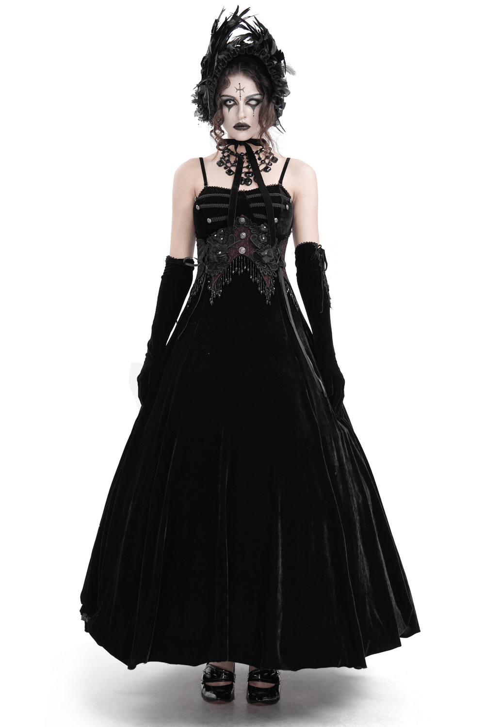 Enchanting black velvet maxi dress with beaded lace appliques, perfect for gothic and alternative fashion.