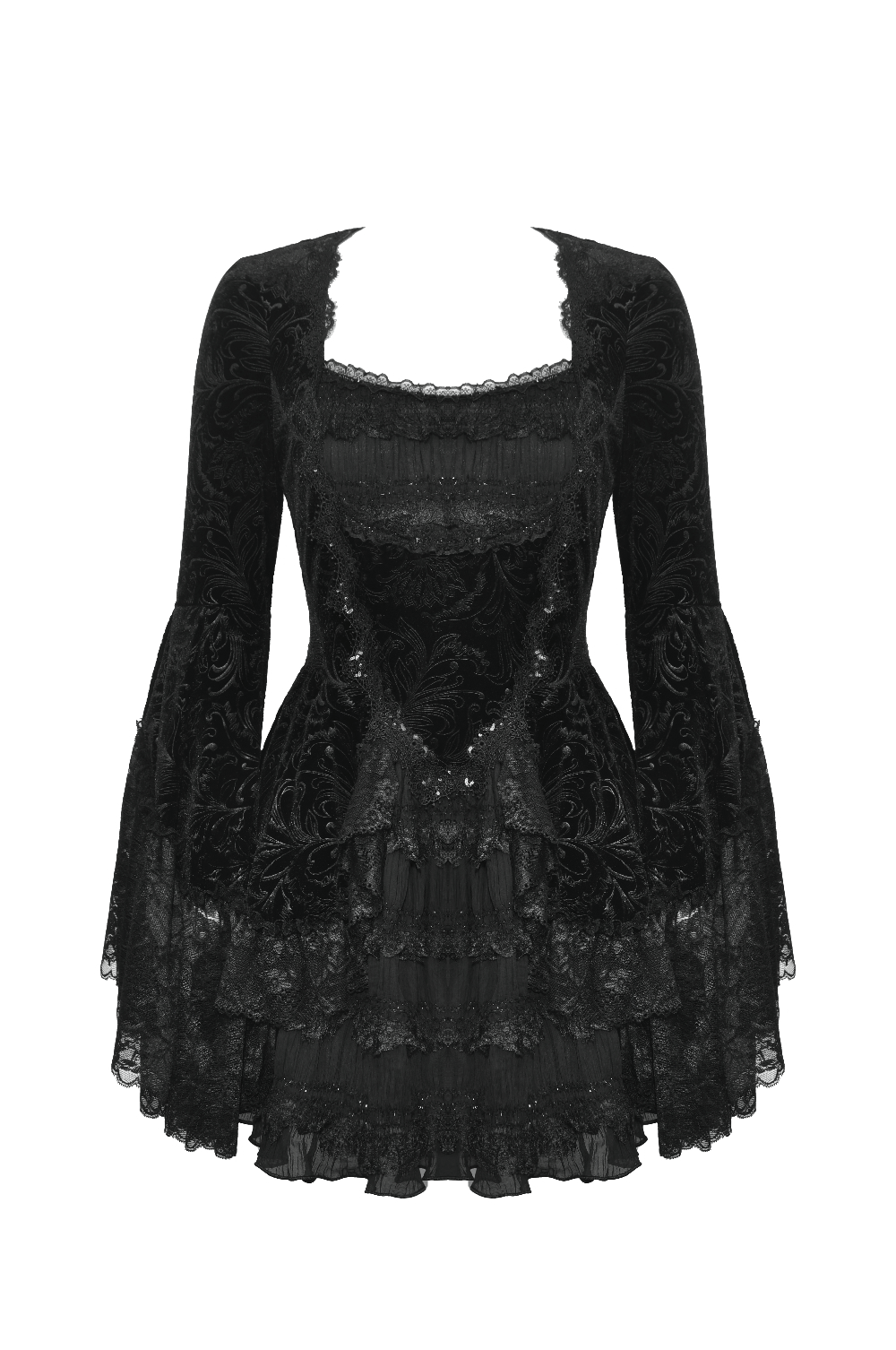 Enigmatic black lace trim gown featuring ruffled layers and elegant bell sleeves for gothic charm.