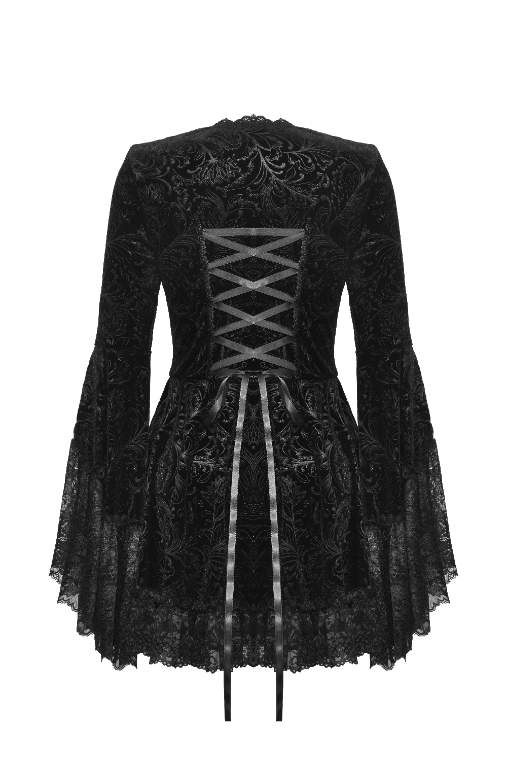 Back view of a stylish black lace trim gown featuring intricate lacing and ruffled sleeves, perfect for special occasions.