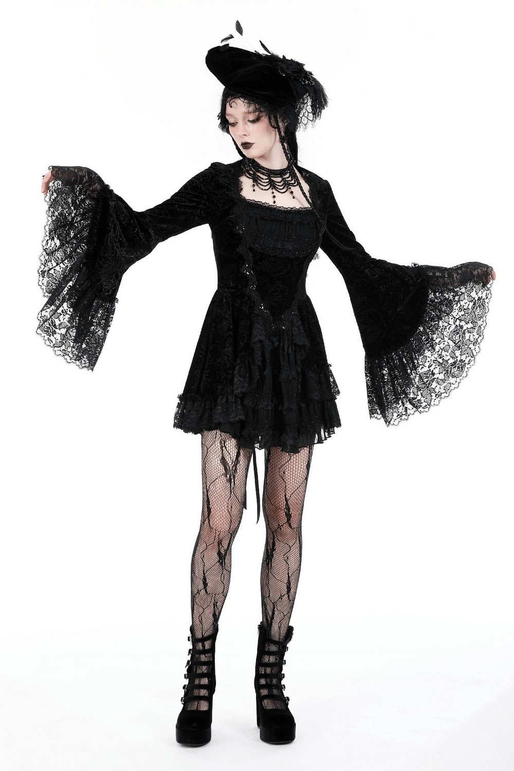 Gothic black lace dress with bell sleeves and layered skirt, perfect for dark elegance and special occasions.