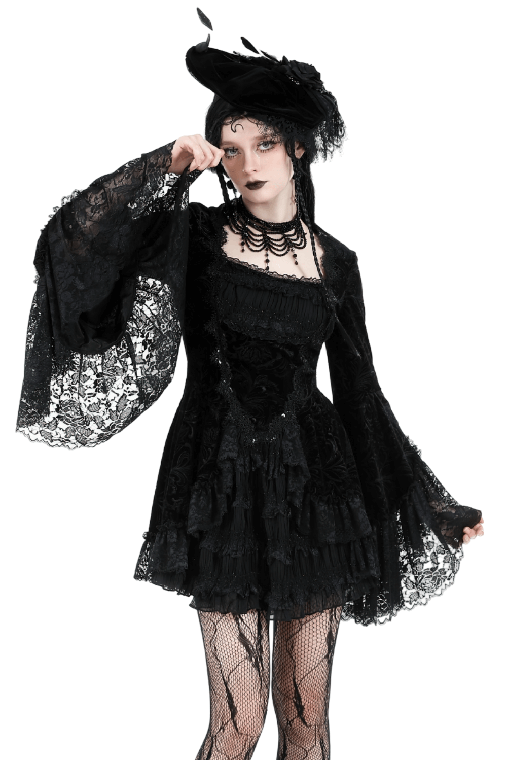 Stylish Gothic black lace trim gown with lacing back, perfect for special occasions and dark elegance.