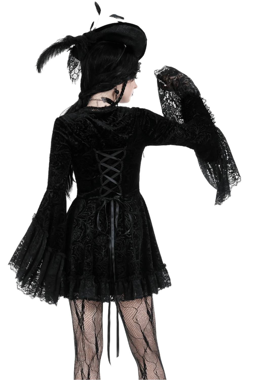 Gothic black lace dress with lacing back, perfect for mysterious and elegant special occasions.