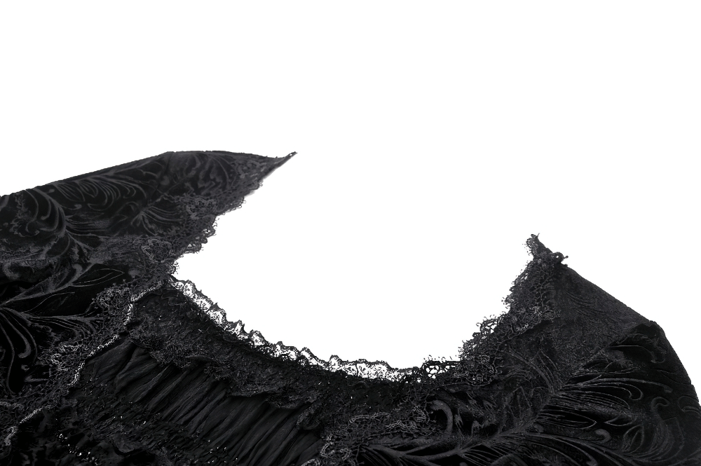 Intricate black lace neckline of a Gothic lace dress, showcasing dark elegance and vintage charm.