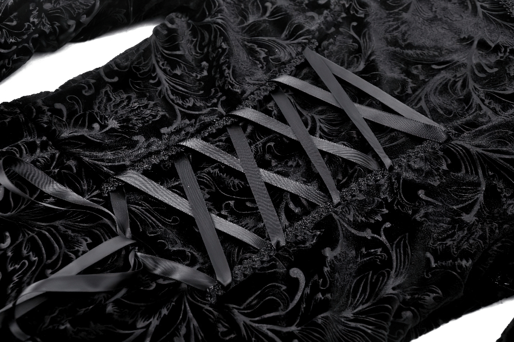 Close-up of the lacing back detail on a black lace trim gown, showcasing gothic elegance and intricate design.