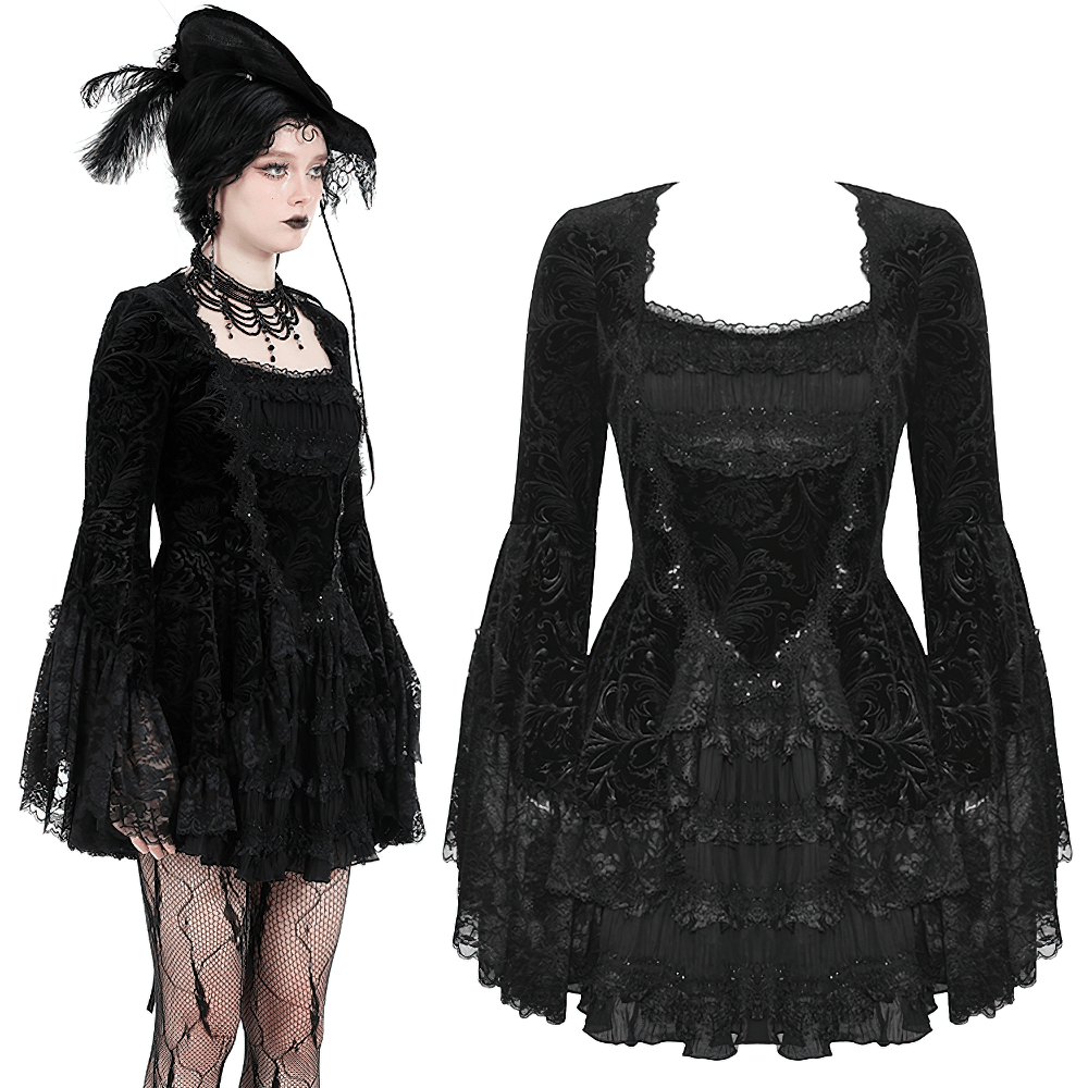 Elegant black lace Gothic dress with ruffled sleeves, perfect for special occasions and dark romance.