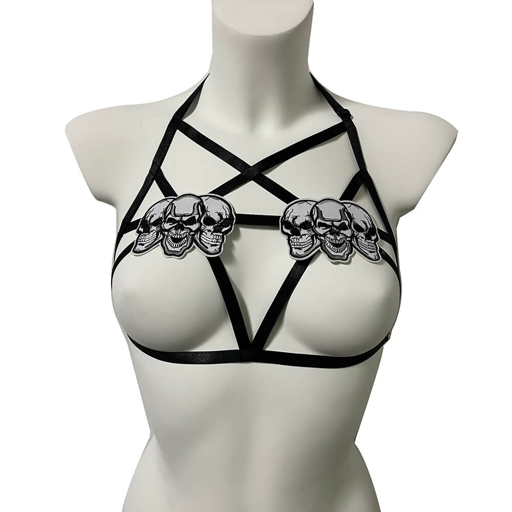 Erotic Ladies Cupless Elastic Body Harness with Skulls / Gothic Women's Chest Garters - HARD'N'HEAVY