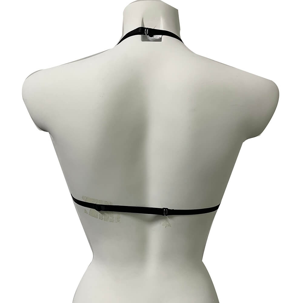 Back view of a Gothic cupless elastic body harness with skulls for women.