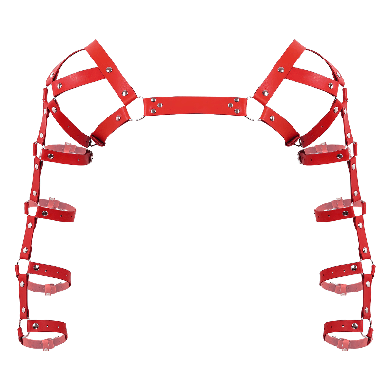 Stylish red leather chest harness for muscle men, adjustable and designed to highlight body features.