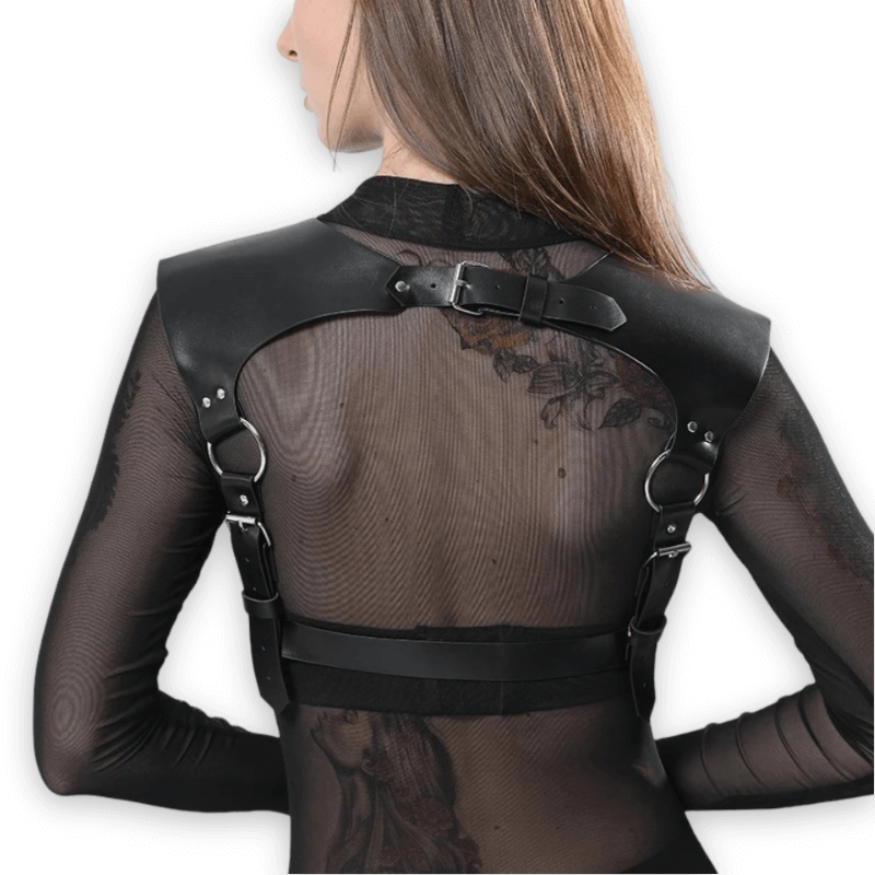 Gothic leather body harness featuring silver fittings, ideal for BDSM and erotic lingerie styles.