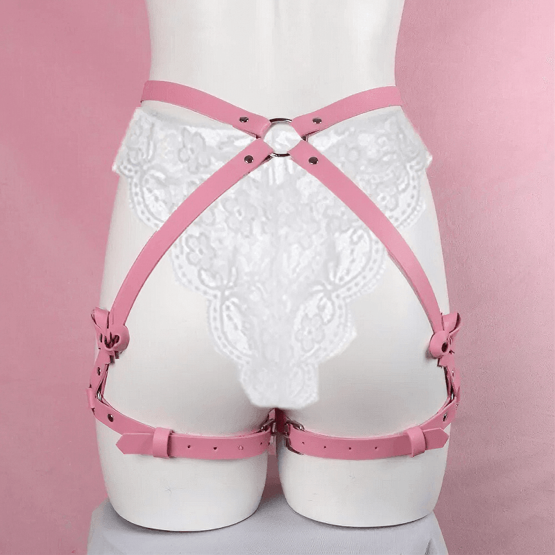 Back view of a pink PU leather leg garter harness for ladies, featuring stylish straps and lace details.