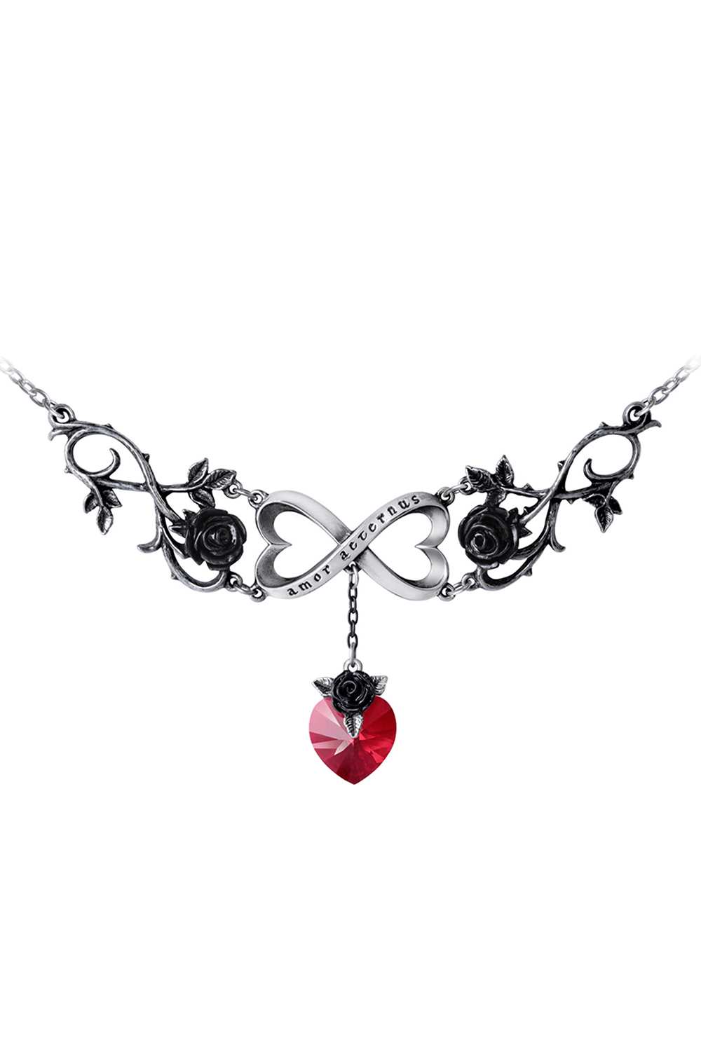 Eternal Love Infinity Necklace featuring red heart crystal and black roses for a romantic gift.