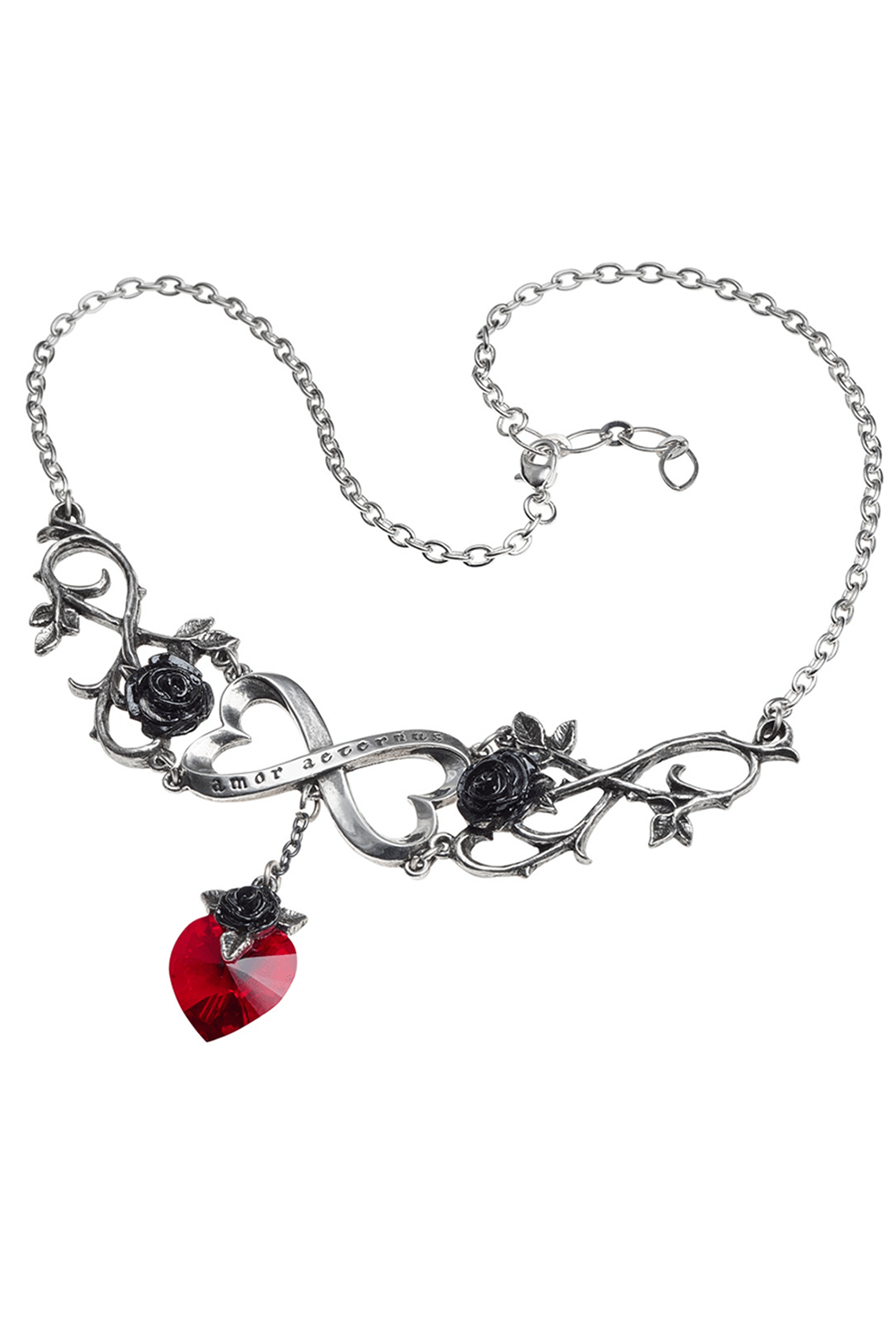 Eternal Love Infinity Necklace with red heart and black roses, a stunning piece of romantic jewelry.