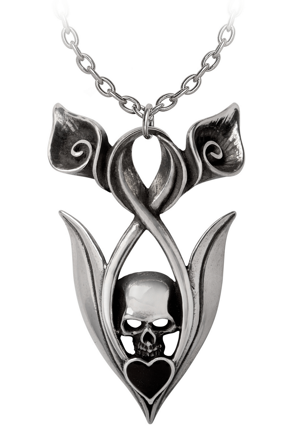 Eternal Peace pendant: Gothic skull and lily design with satin ribbon choker, symbolizing love and loss.