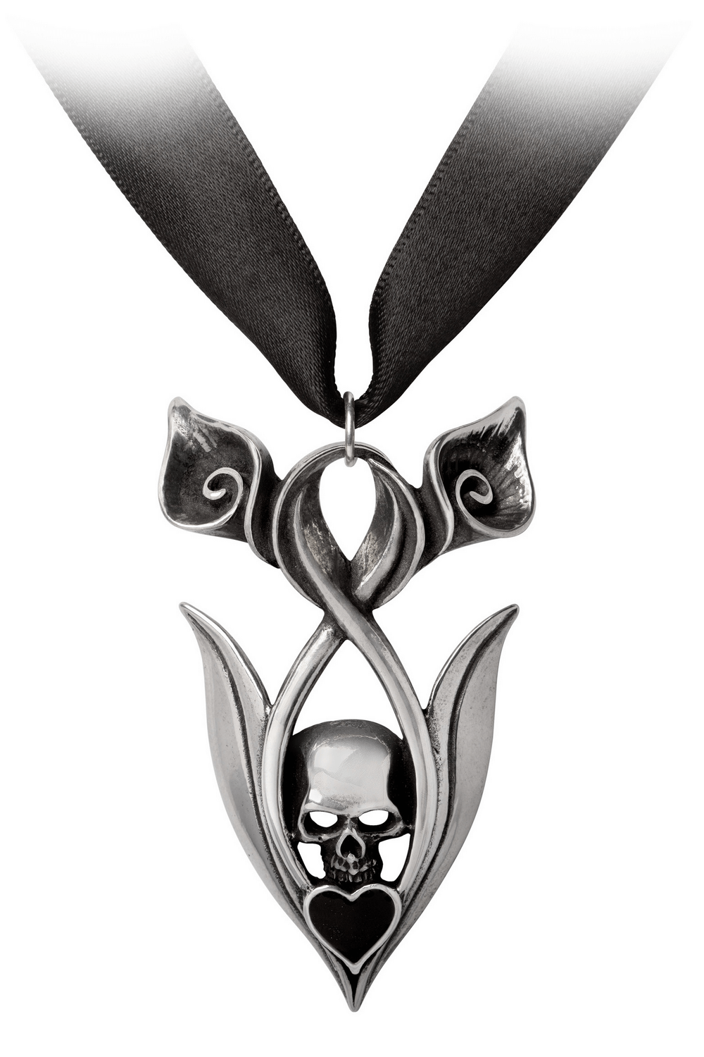 Eternal Peace pendant featuring a Gothic skull and lily design on satin ribbon choker.