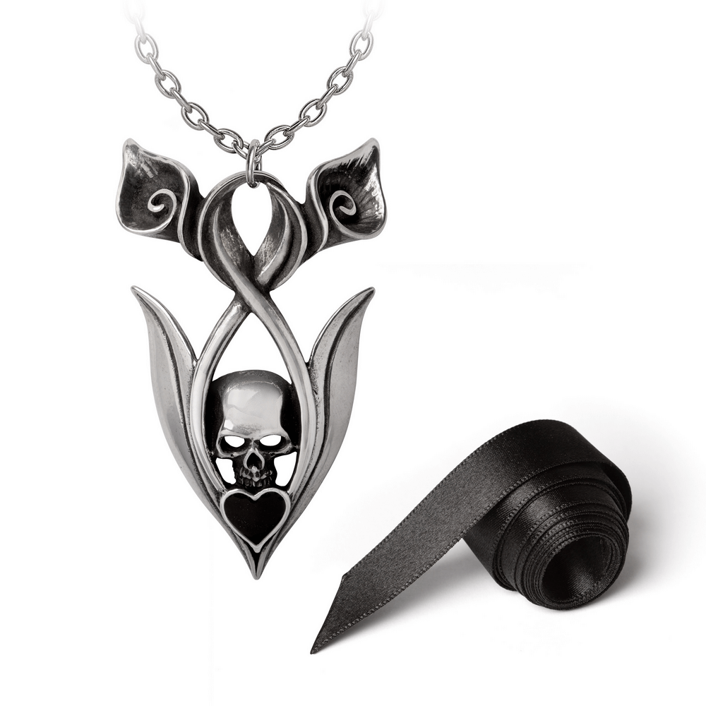 Eternal Peace skull and lily pendant with black satin ribbon, symbolizing life, death, and love in gothic style.