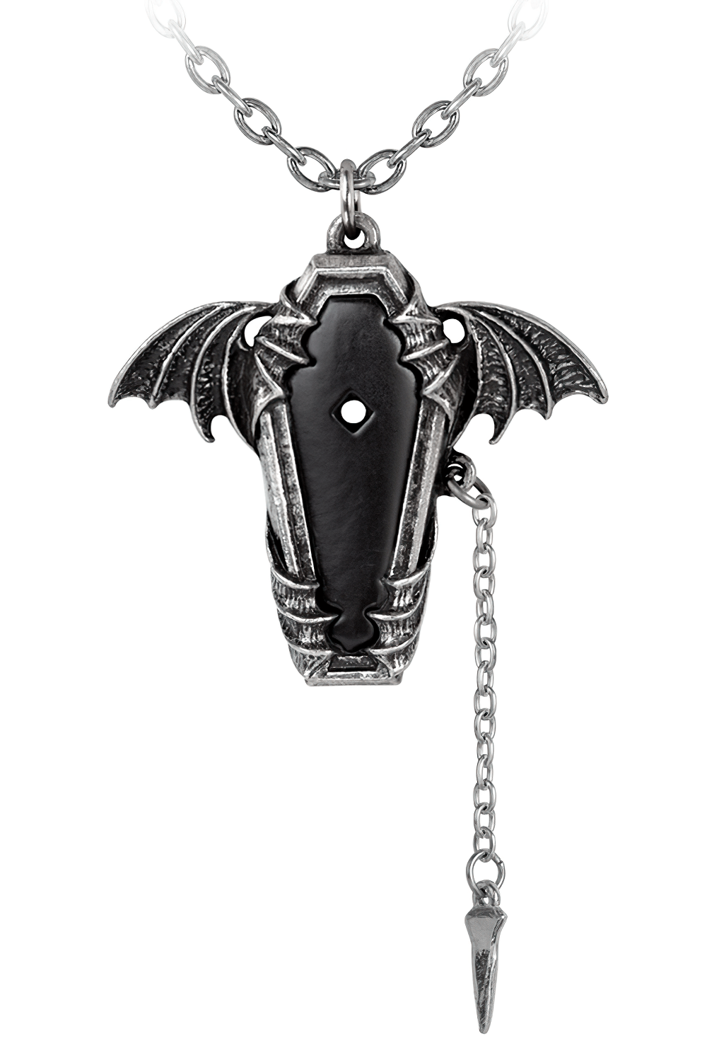 Eternal Sleep Coffin and Bat Pendant Necklace in pewter, showcasing a gothic design perfect for dark soul aesthetics.