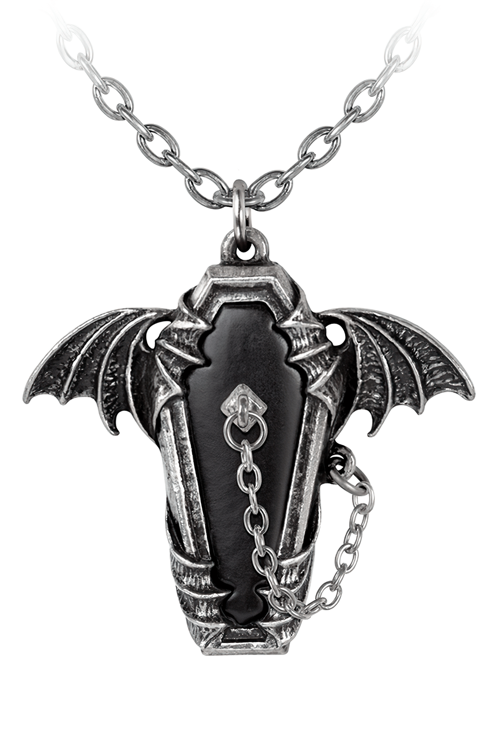 Eternal Sleep Coffin and Bat Pendant Necklace in pewter, perfect for gothic lovers embracing mystical themes.