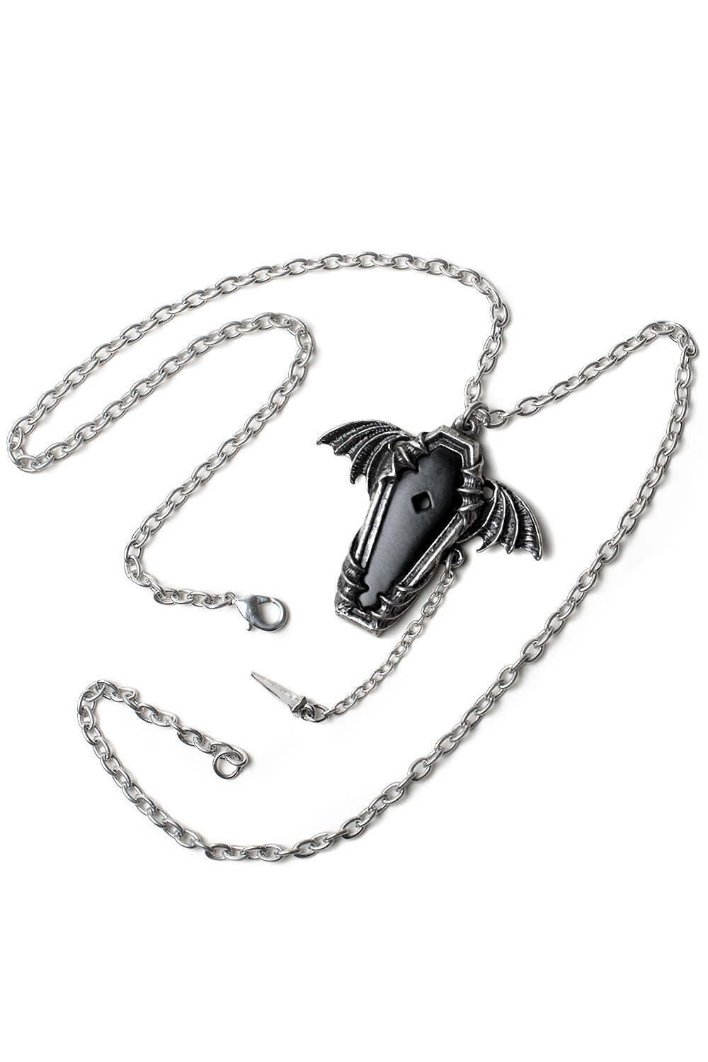 Eternal Sleep Coffin and Bat Pendant Necklace, gothic pewter jewelry with bat-winged coffin design.