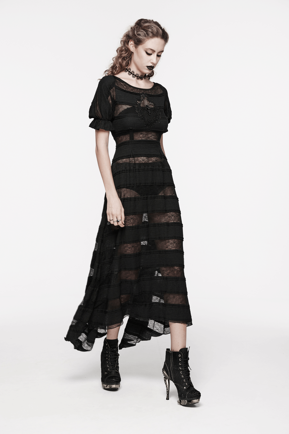 Ethereal Short Sleeves Lace High-Low Gothic Dress
