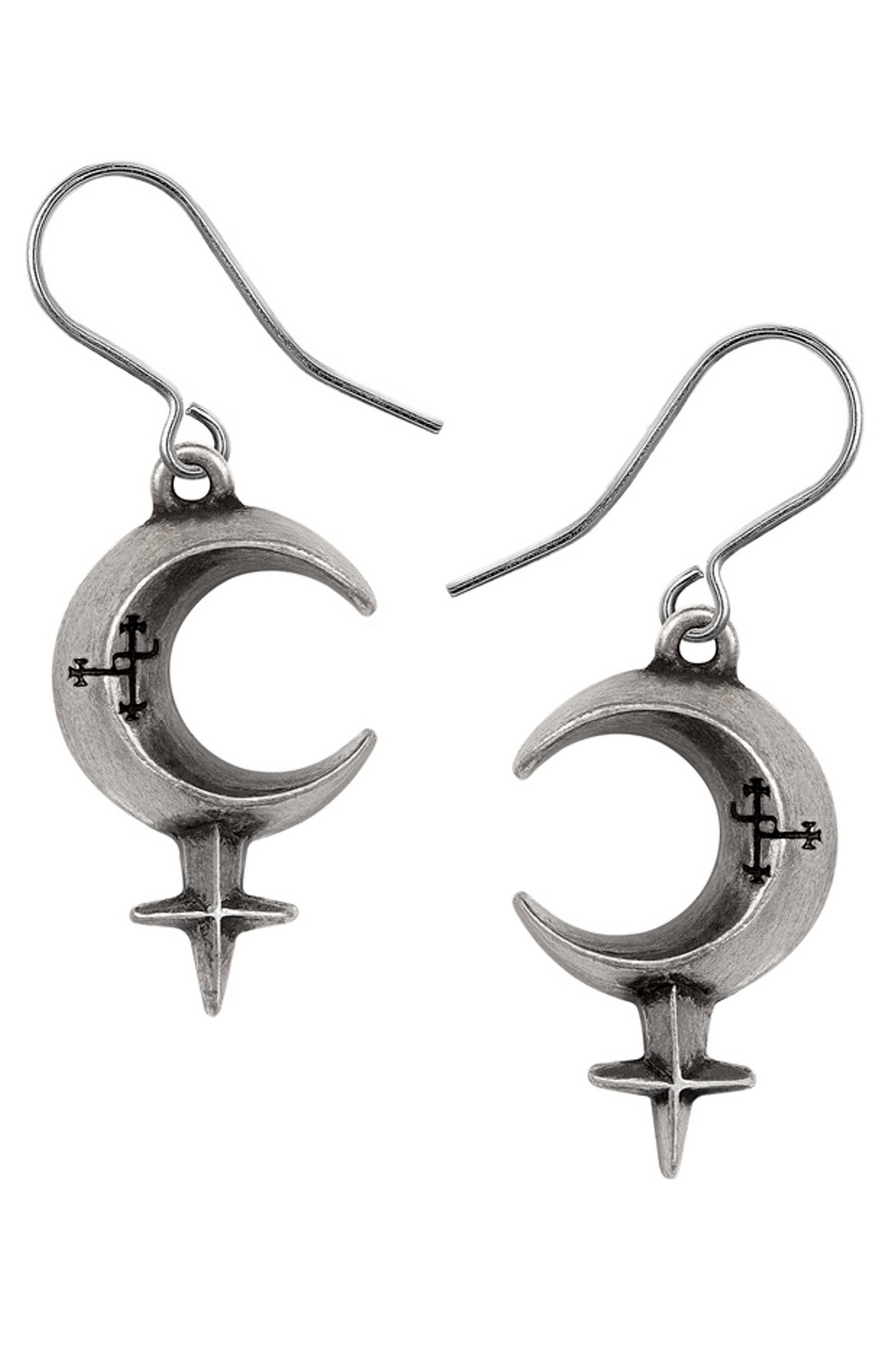 Pewter crescent moon earrings featuring Lilith sigil for feminine empowerment and independence.