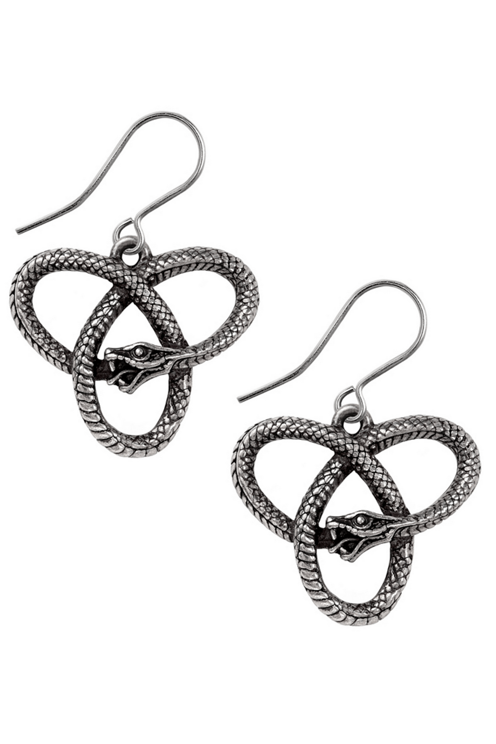 Eve's Triquetra Dropper Earrings featuring Celtic snake design, embodying ancient symbolism and bold femininity.