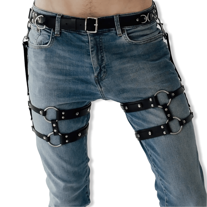 Men's punk-style adjustable faux leather body harness with waist and thigh garters.