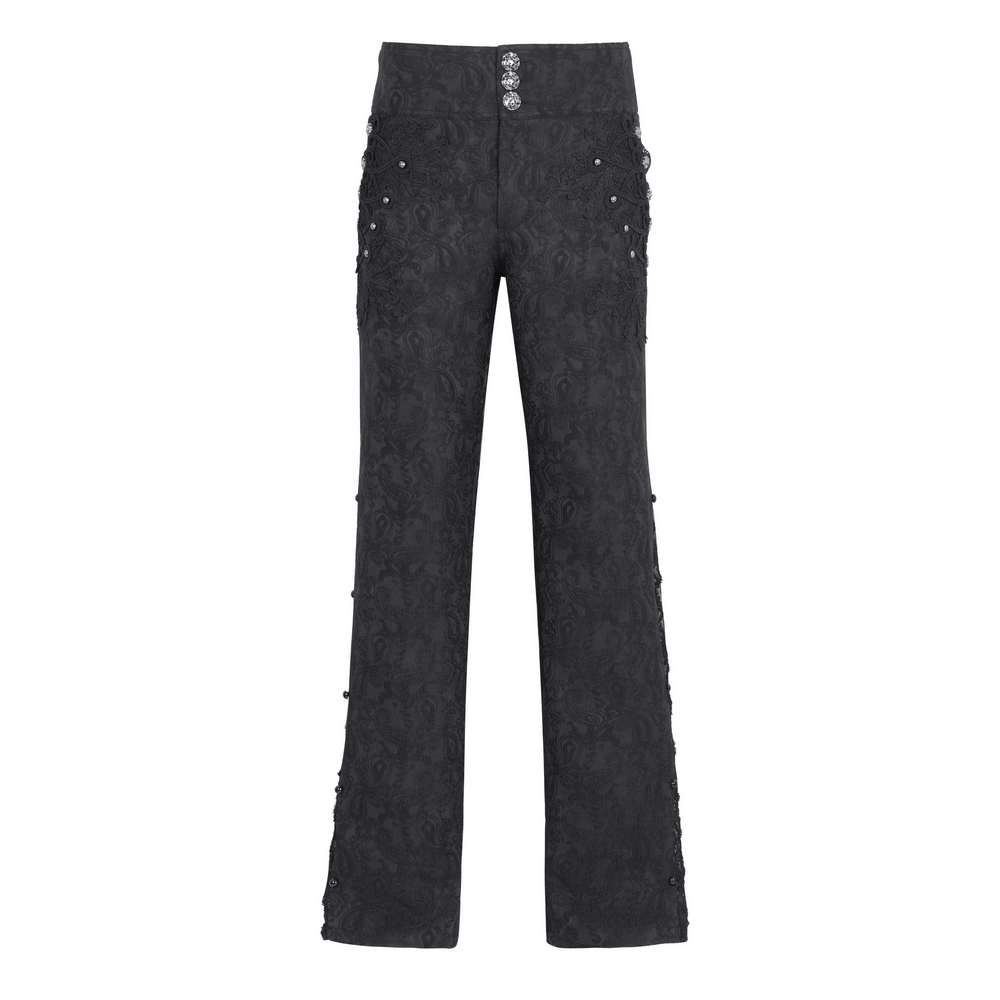 Elegant black floral embroidered trousers with lace, perfect for chic evenings and special occasions.