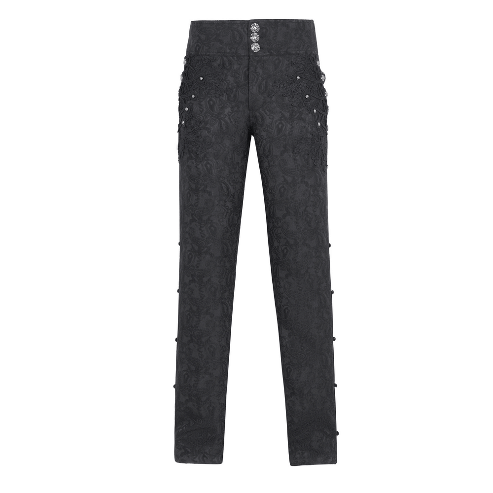 Elegant black floral embroidered trousers with lace and beading for chic evening wear.