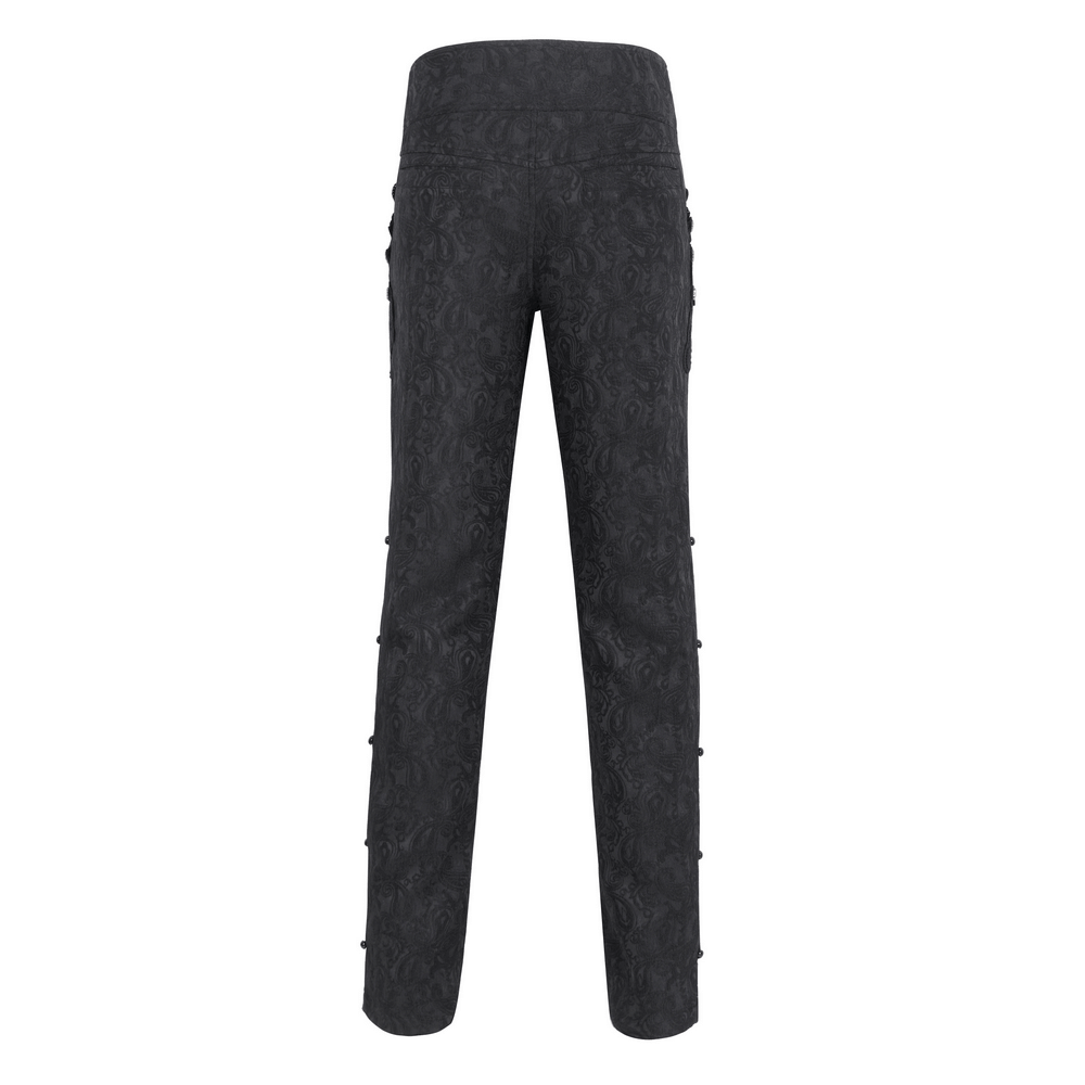 Elegant black floral embroidered trousers with lace detailing, perfect for chic evening wear.
