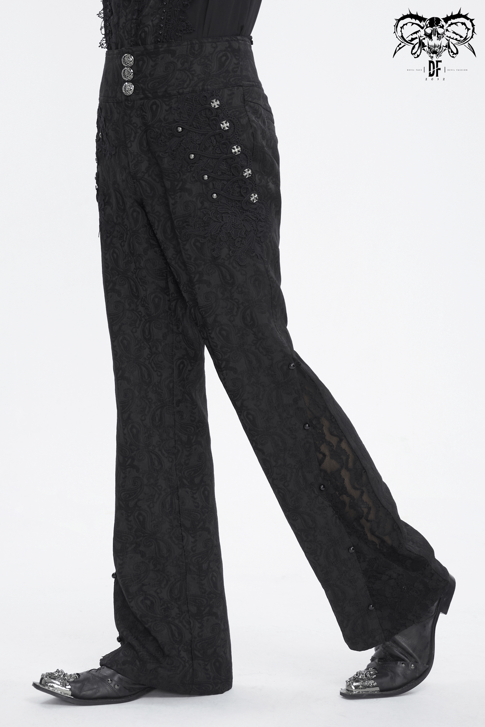 Elegant black floral embroidered trousers with lace accents, perfect for chic evenings or special occasions.