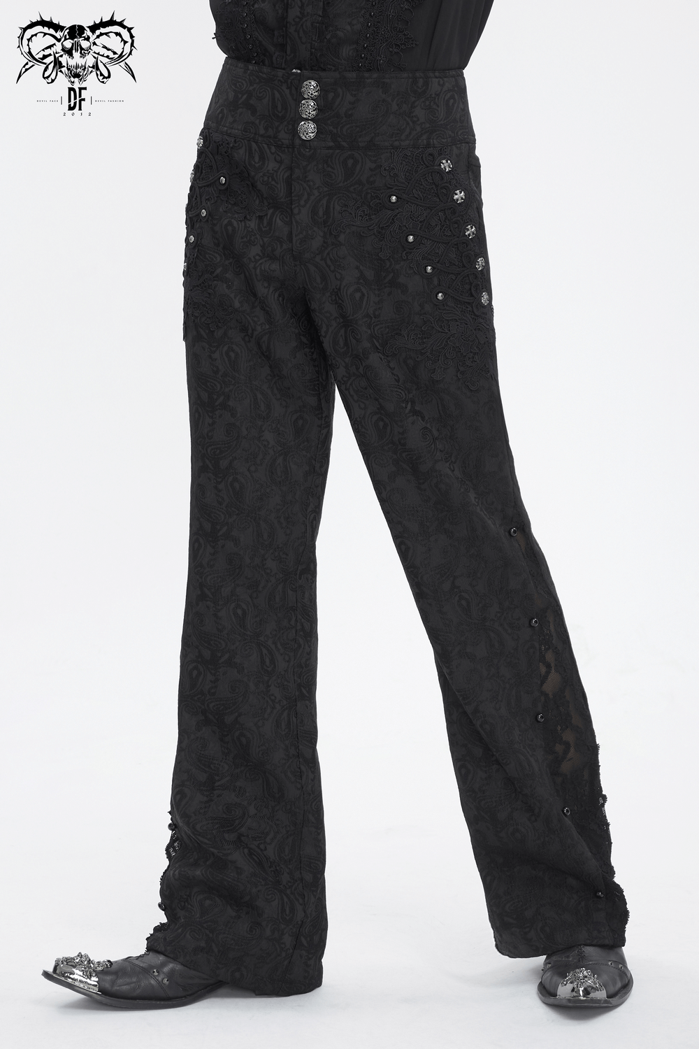 Elegant black floral embroidered trousers with lace and decorative buttons for chic evenings.